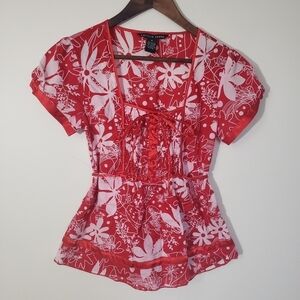 Antilia Femme Red And White Kimono Style Floral Print Top Womens Size Medium